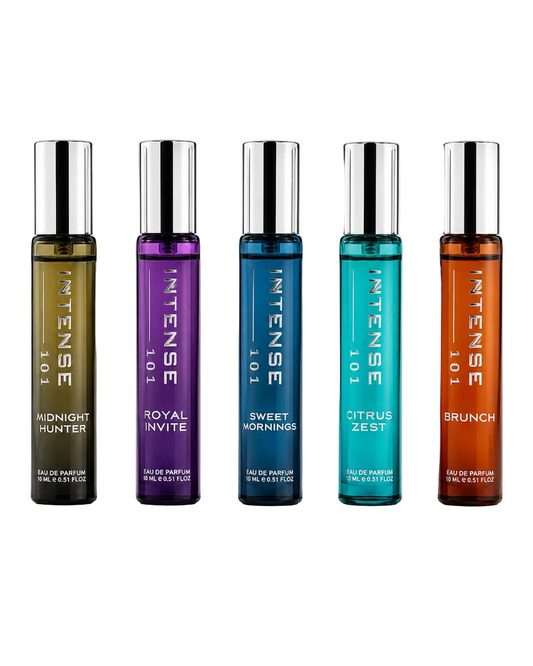 Intense101 Perfume Gift Set for Men | 5 Premium Long Lasting Eau De Parfum | Travel Friendly Discovery Set 15ml Each | Luxury Fragrance Gift Box | Made for Indian Climate