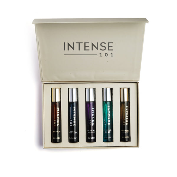 Intense101 Perfume Gift Set for Men | 5 Premium Long Lasting Eau De Parfum | Travel Friendly Discovery Set 15ml Each | Luxury Fragrance Gift Box | Made for Indian Climate
